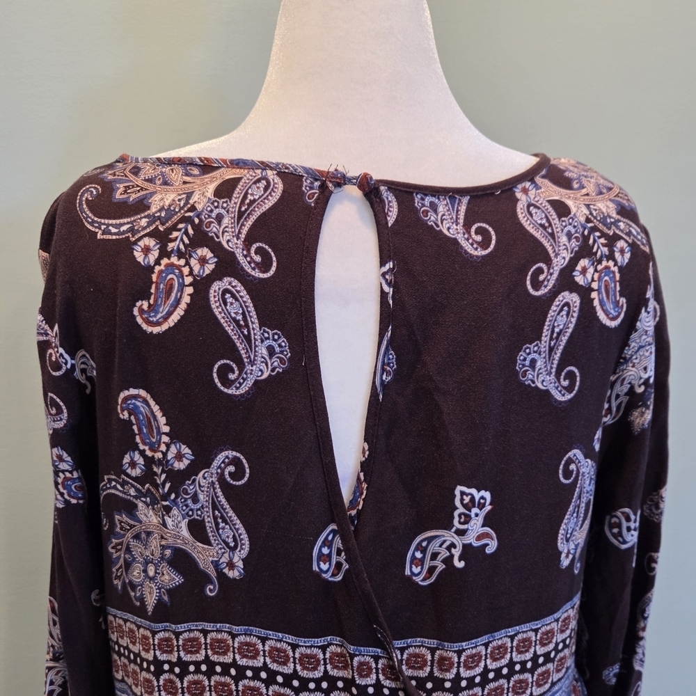 Knox Rose XL Boho Paisley Print Long Sleeve Shift Dress Brown Blue - Picture 8 of 14